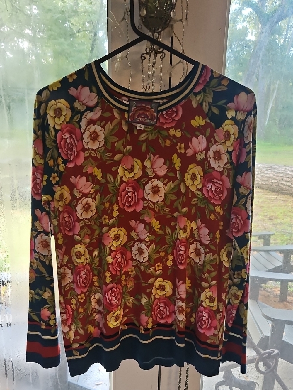 Johnny Was Burgundy Floral Long-Sleeve Crewneck Top